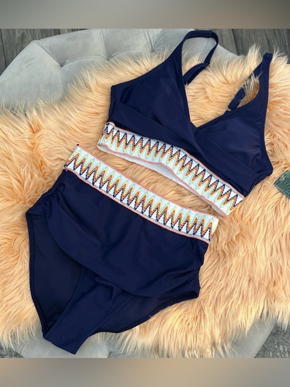 High Waist Bikini Swimsuit Navy With Colorful Ribbon Band Accent Sz MED NEW!